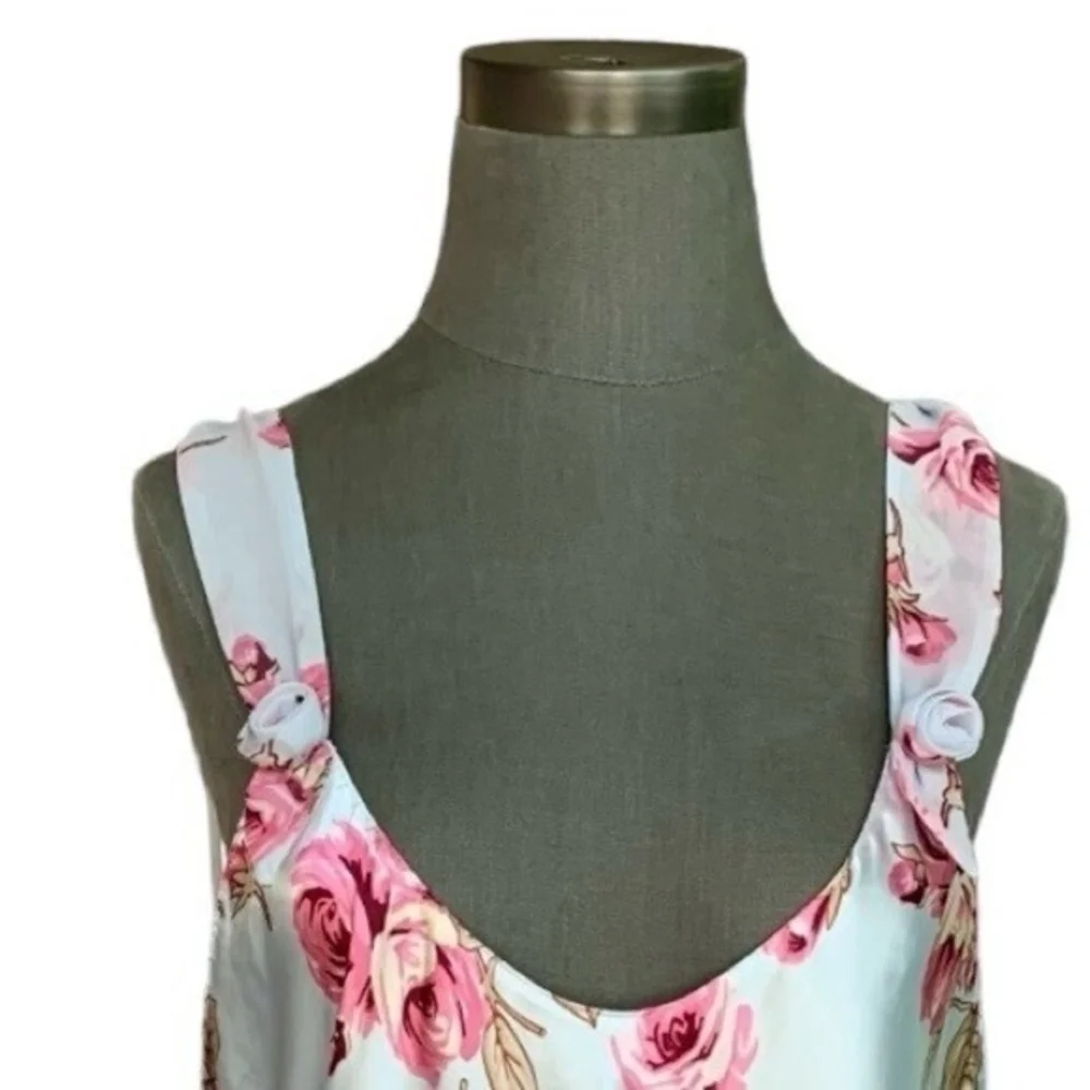 Vintage Satin Nightgown Size L Blue Pink Rose Print 3D Flowers Adjustable Straps